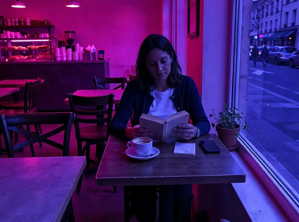Relight this photo with pink and blue neon city lights at night. Keep the subject, identity, pose, composition and background exactly the same.