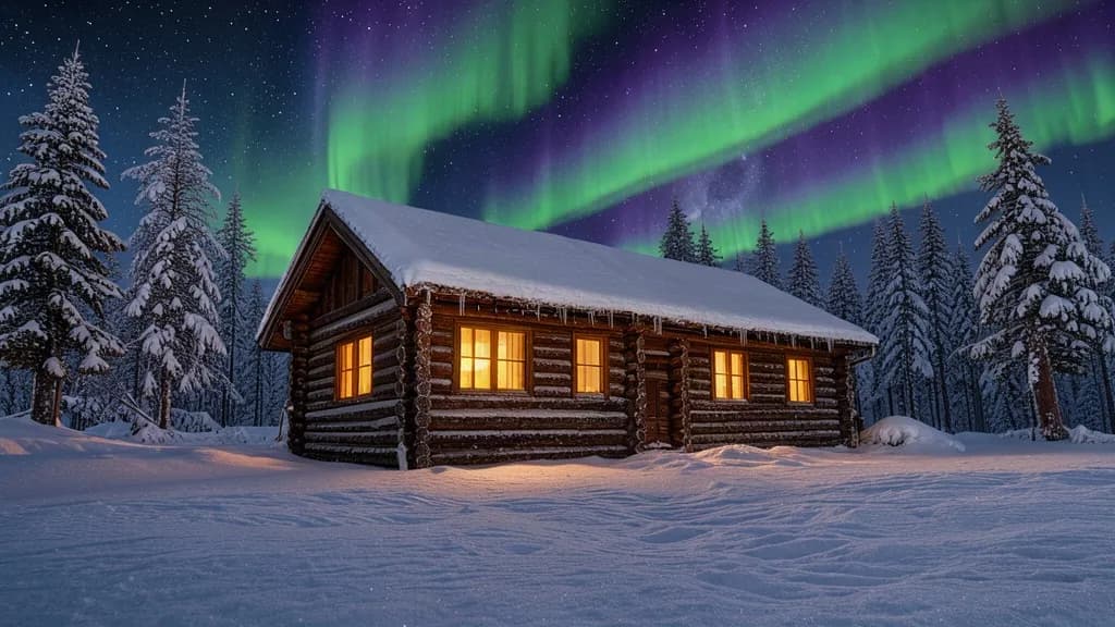 Snowy log cabin with warm glowing windows under green and violet northern lights, starry sky, long exposure night photography