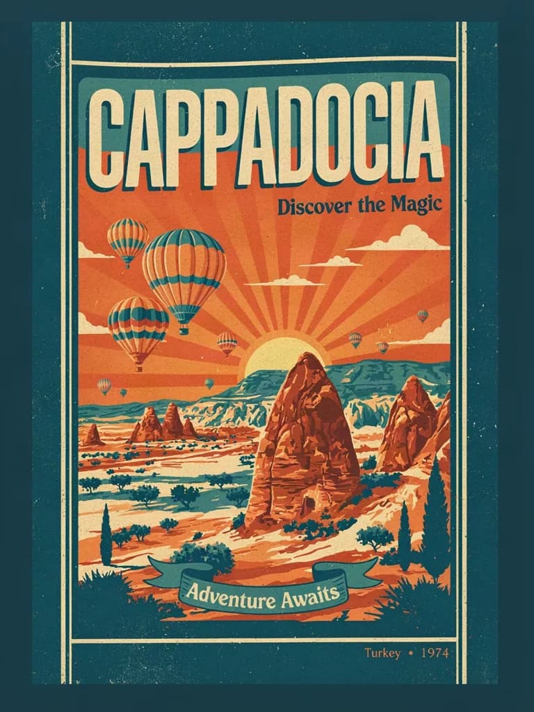 Vintage travel poster with the large bold title text "CAPPADOCIA", hot air balloons rising over fairy chimneys at sunrise, flat retro screen-print illustration, warm orange and teal palette