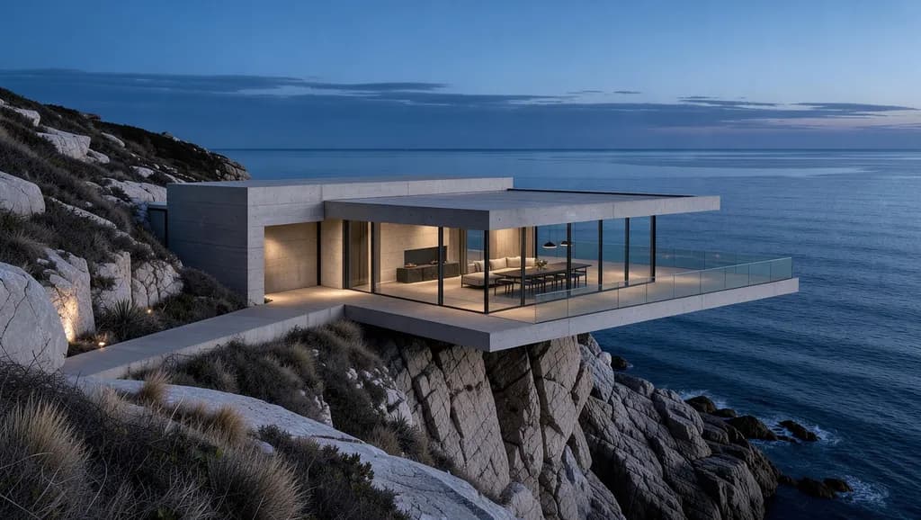 Futuristic minimalist villa cantilevered from a sea cliff, brutalist concrete and floor-to-ceiling glass, warm interior lights at blue hour, architectural photography