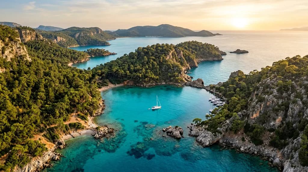 Aerial drone photo of turquoise bays and pine-covered cliffs on the Turkish Mediterranean coast at golden hour, a small white sailboat, ultra detailed