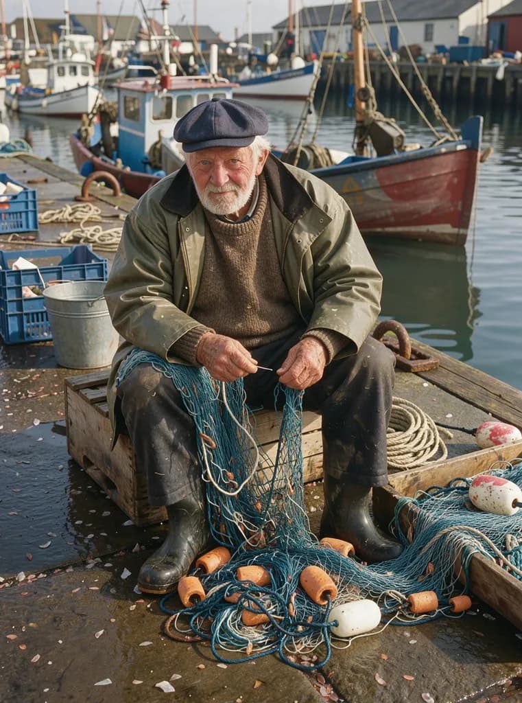 Documentary portrait of an elderly fisherman with a weathered face mending blue nets at a small harbour, soft natural morning light, shot on medium format