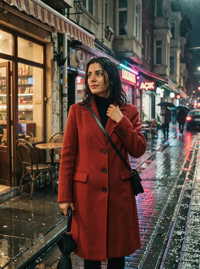 Cinematic portrait of a woman in a red wool coat on a rainy Istanbul street at night, neon shop signs reflecting on wet cobblestones, 35mm film look, shallow depth of field