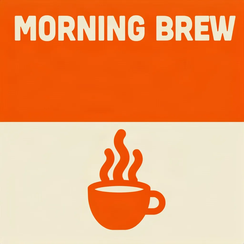 Minimal two-tone poster with the text "MORNING BREW" in a bold rounded typeface above a stylised steaming coffee cup, orange and cream colours, clean vector design