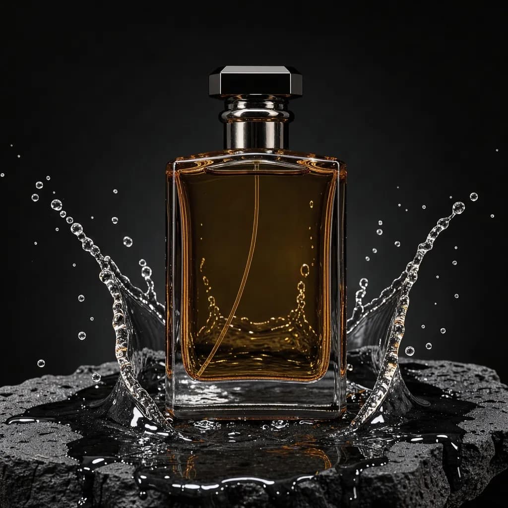 Luxury amber glass perfume bottle on black volcanic rock with frozen water splashes around it, dramatic rim lighting, high-end advertising product photo