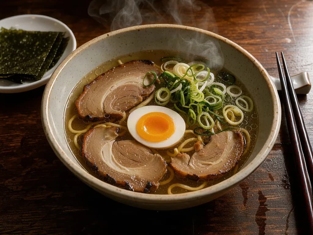 Steaming bowl of Japanese ramen with a soft boiled egg, chashu and spring onions on a dark wooden table, overhead food photography, warm moody light