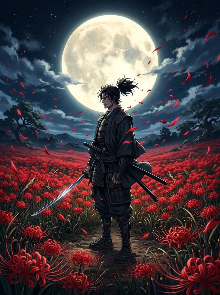 Anime-style illustration of a lone samurai standing in a field of red spider lilies under a huge full moon, wind blowing petals, cinematic composition