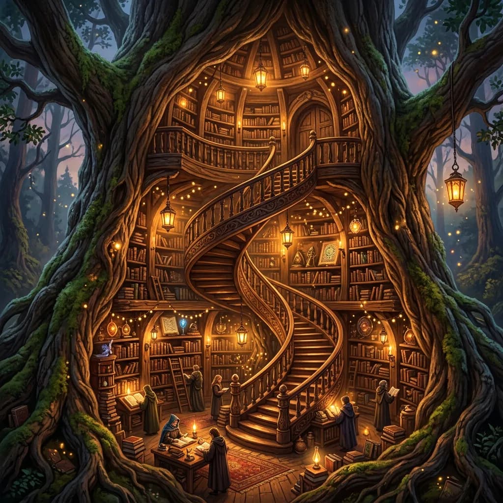 A giant ancient tree with a glowing library carved inside its trunk, spiral wooden staircases, lanterns and floating dust, magical detailed digital painting